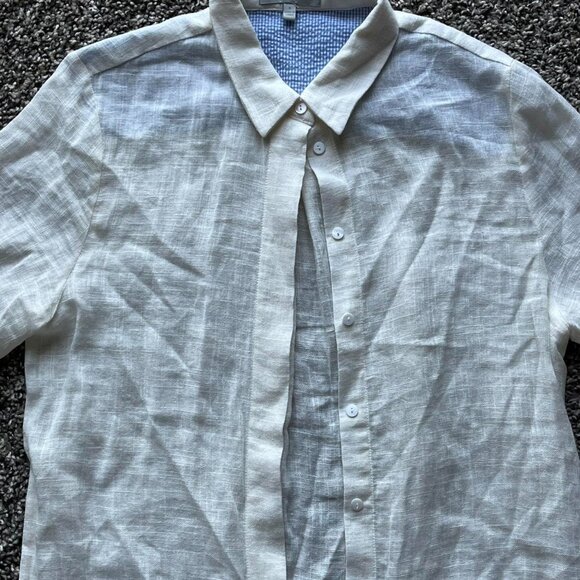 White Cream Linen Shirt with Tie-Cuff Sleeves, Small Laju Button-up Shirt - Picture 2 of 8